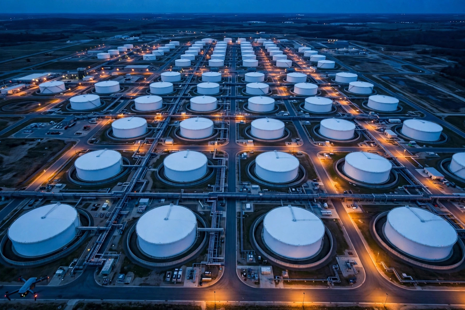 Aerial view of a tank farm at dusk, tanks arranged in a precise grid
