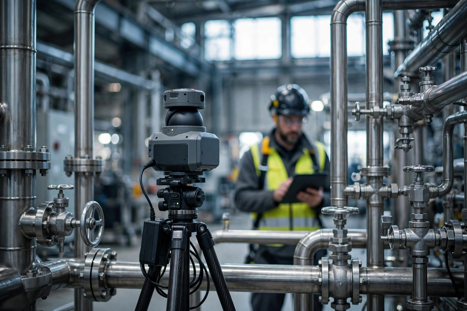 LiDAR scanner on a tripod inside an industrial plant, engineer with tablet behind