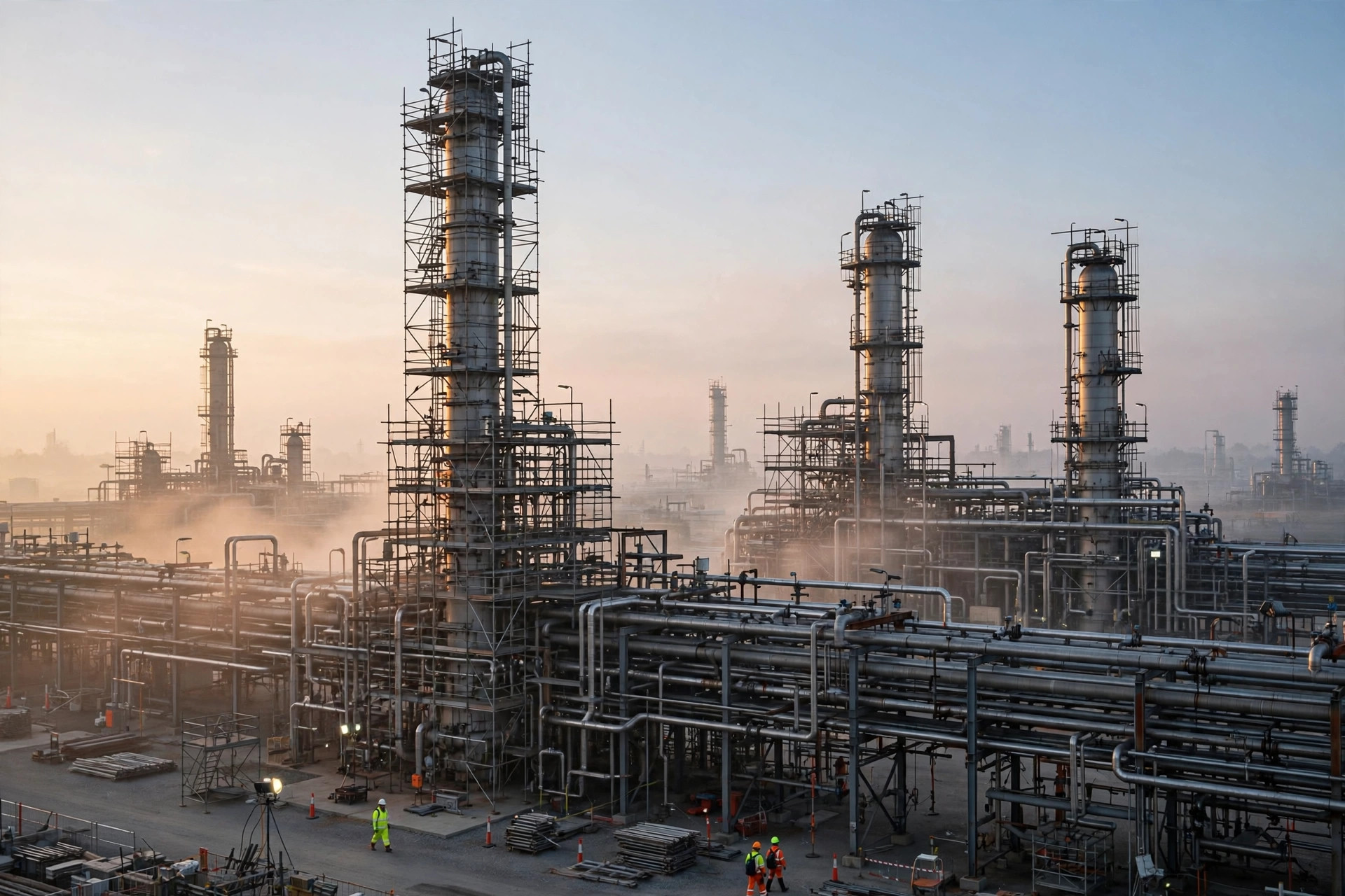 Refinery towers wrapped in scaffolding during a turnaround at dawn