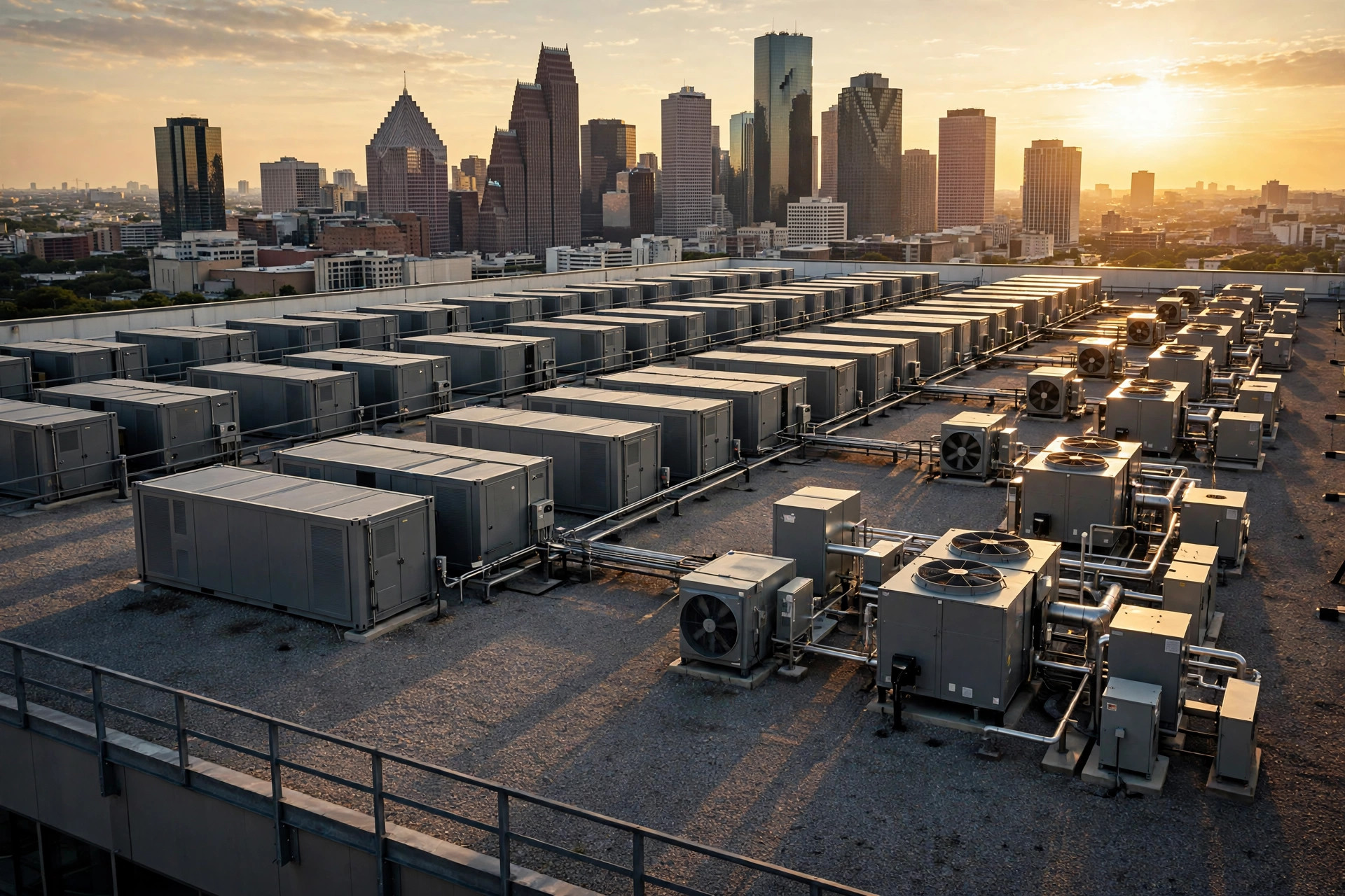 Rooftop compute units above a Houston skyline at golden hour