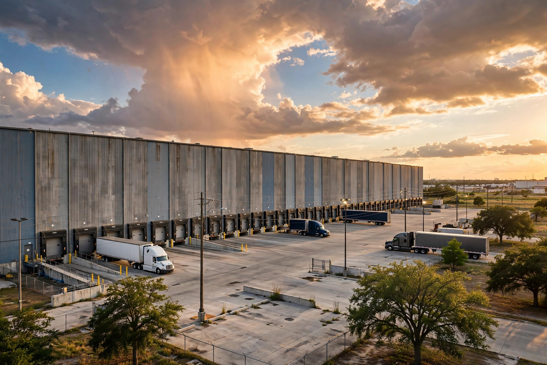 Large Houston warehouse exterior in late afternoon light